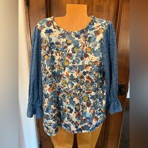 LOGO Lori Goldstein large L tunic top long sleeve blouse pockets ! Blue abstract